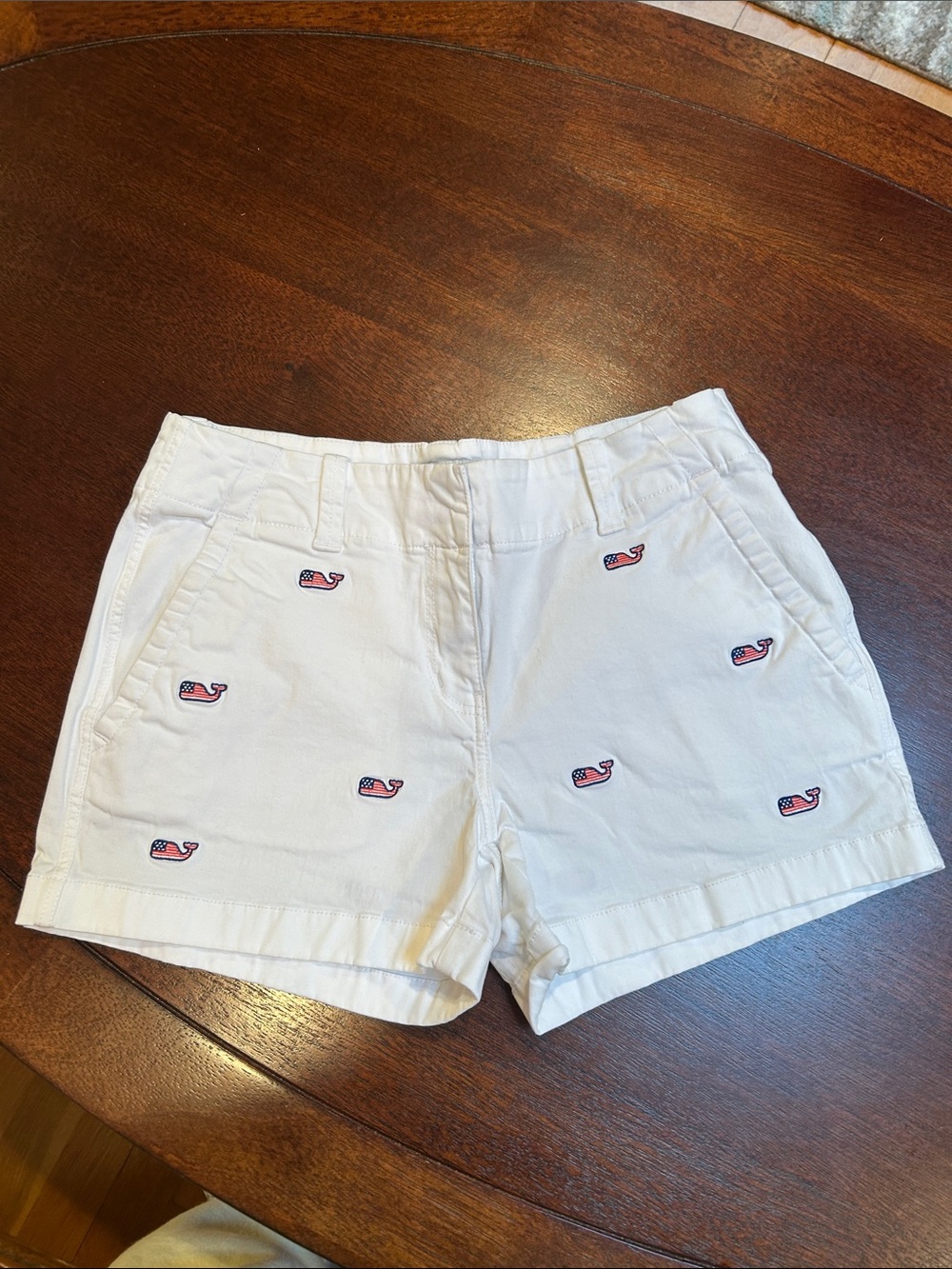 Vineyard Vines White Shorts with Red & Blue Whale Embroidery